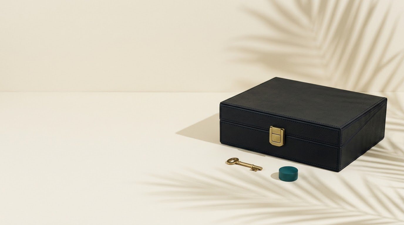 Family office aux BVI : coffret à documents familiaux à fermoir laiton, clé et ombre de palmier