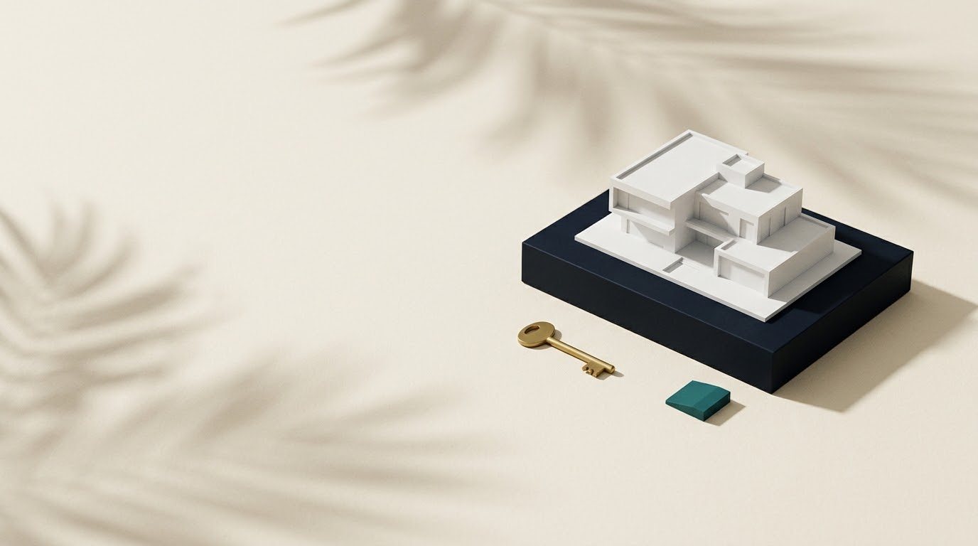 BVI company for real estate investors: a model of a villa, a key and the shadow of palm leaves