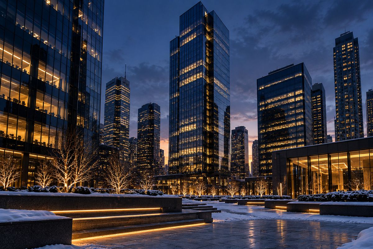 Glass office towers of a Canadian financial district at blue hour, with warm lit windows above a snowy plaza