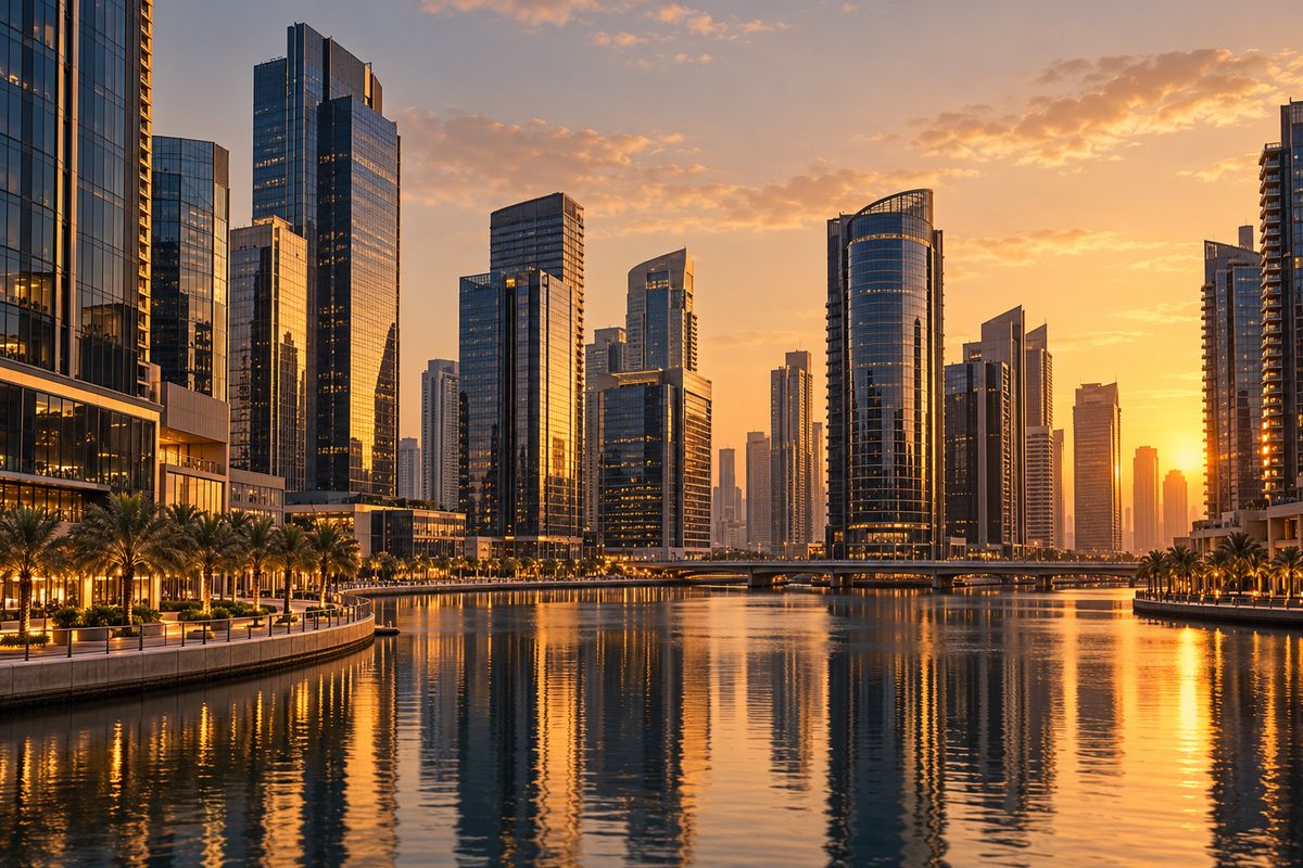 Office towers along a canal in a Dubai business district at sunset, lit in warm sand tones