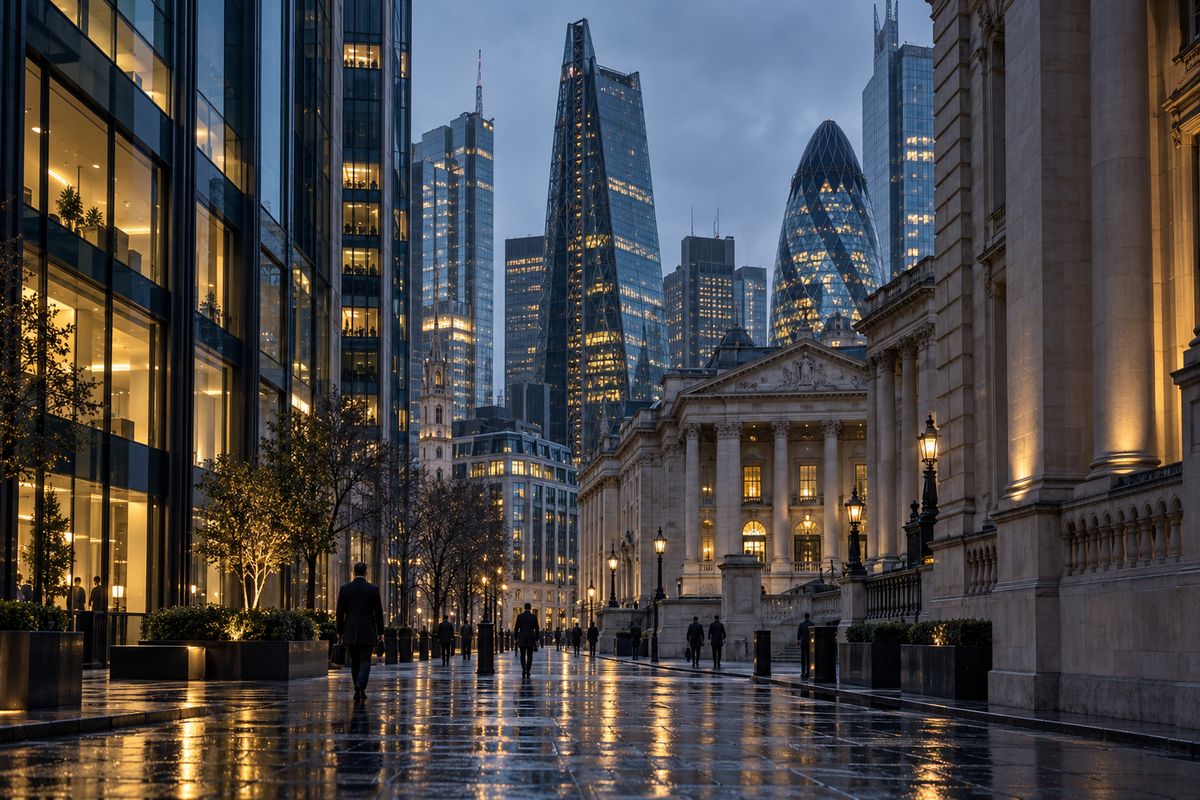Stone and glass office buildings in the City of London on a wet morning, with distant pedestrians in silhouette